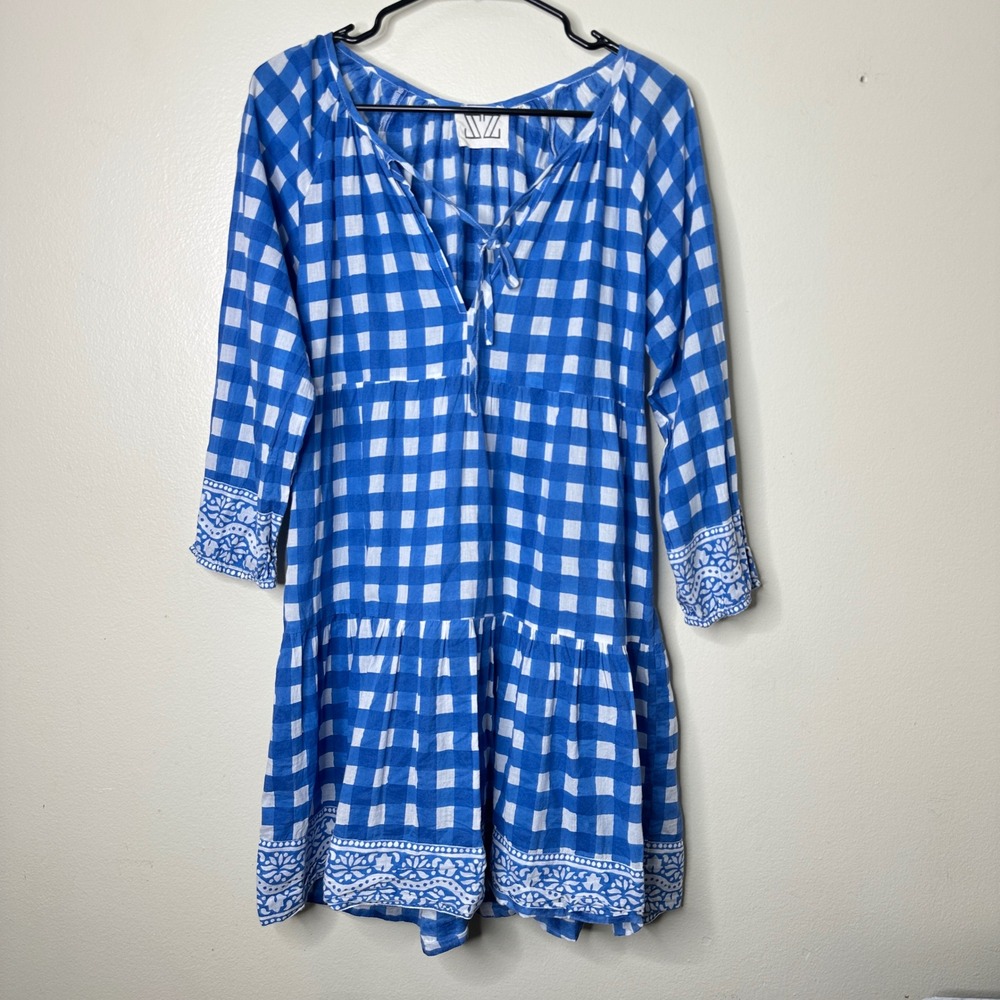SZ Blockprints Dress Blue Gingham Tiered Mini Floral Trim size Medium